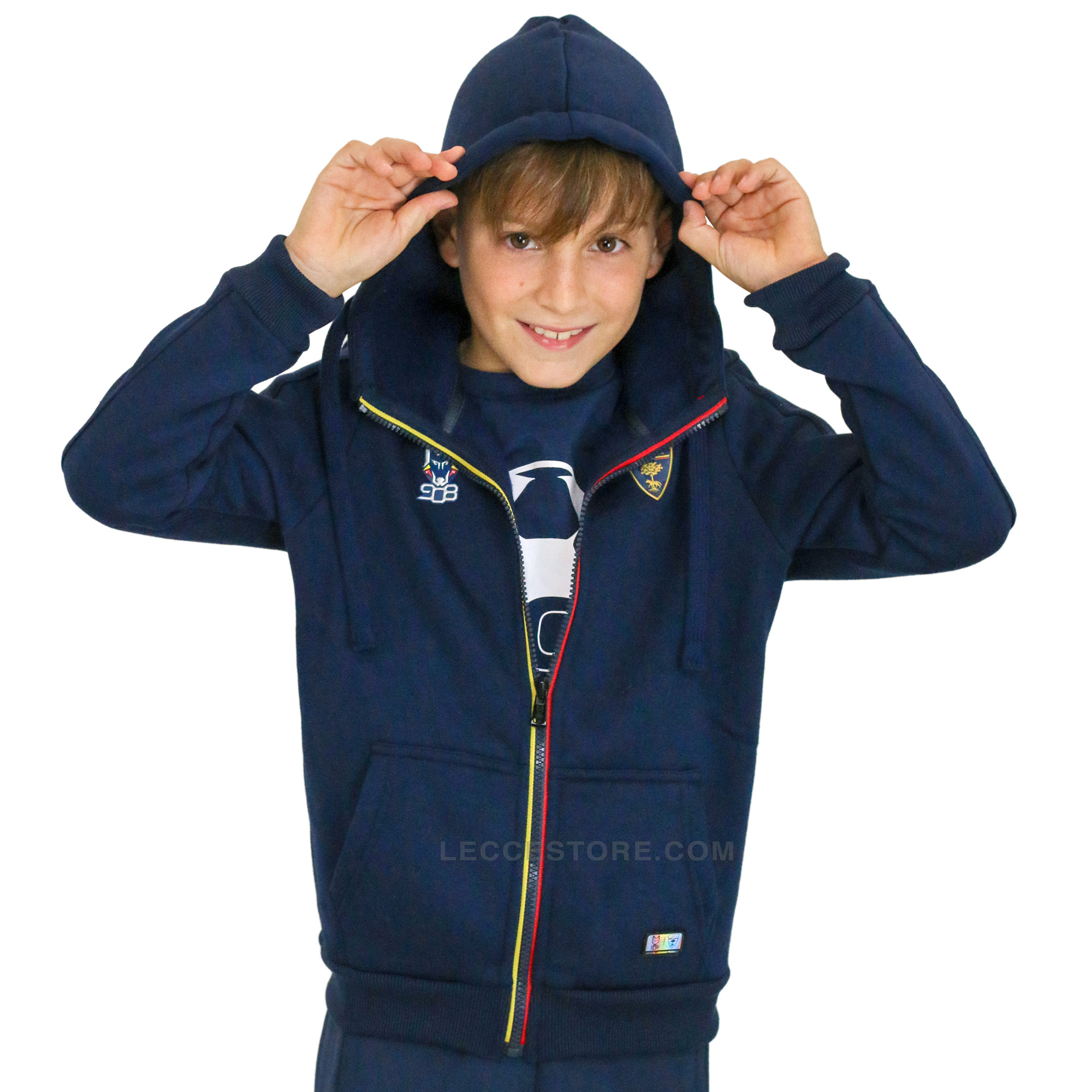 M908 – FELPA U.S. LECCE RAPPRESENTANZA BLU ZIP GIALLOROSSA + CAPPUCCIO BAMBINO