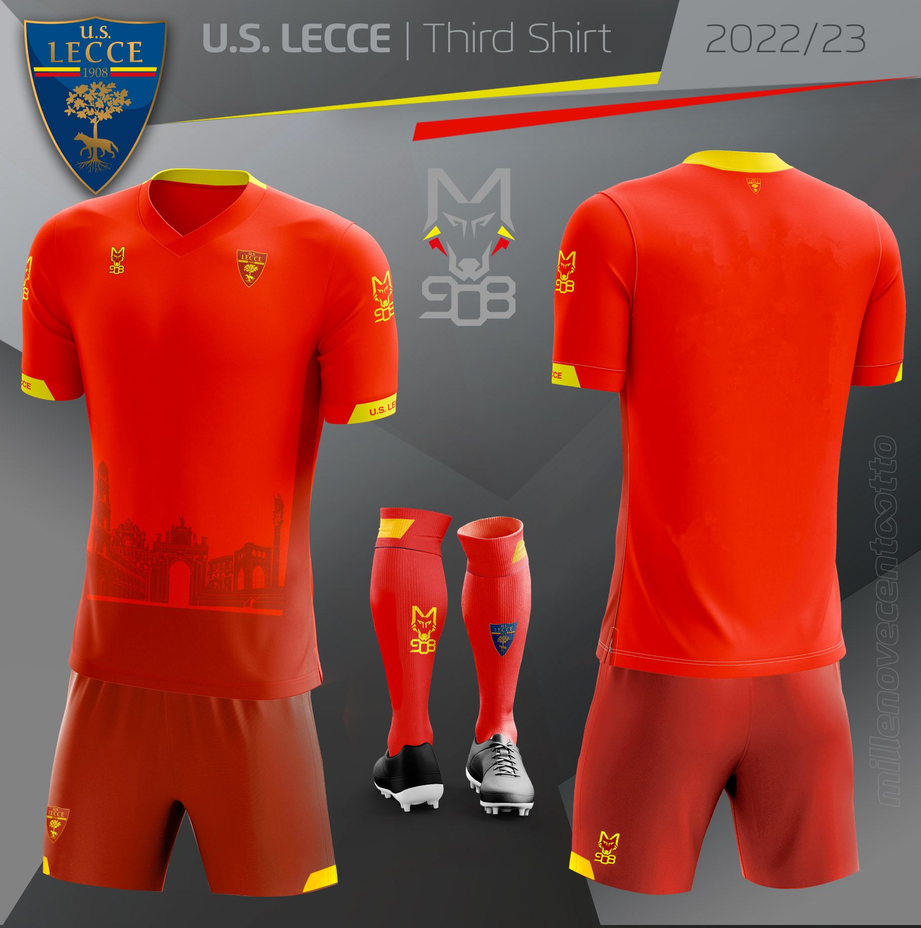 M908 – 3′ MAGLIA GARA U.S. LECCE ROSSA TRASFERTA UFFICIALE 22/23