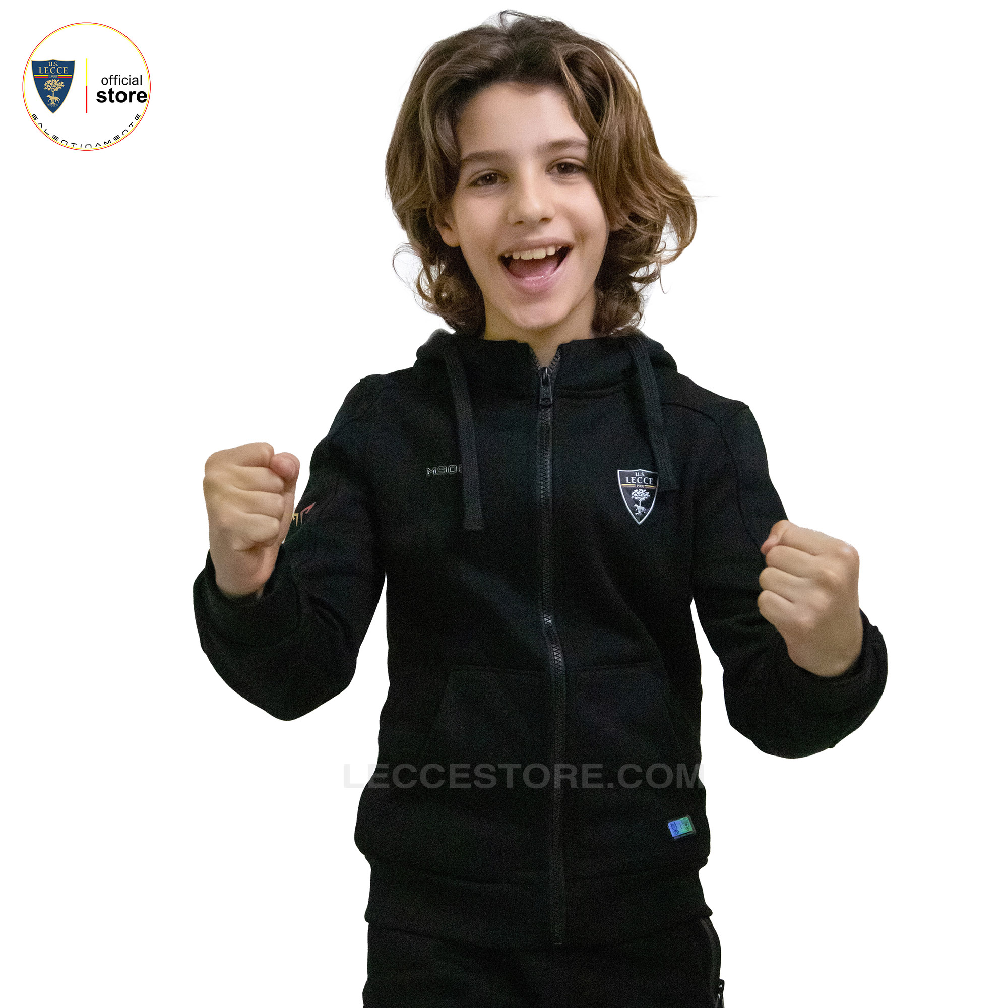 M908 – FELPA NERA OCCHI LUPO ZIP + CAPPUCCIO U.S.LECCE CALCIO BAMBINO